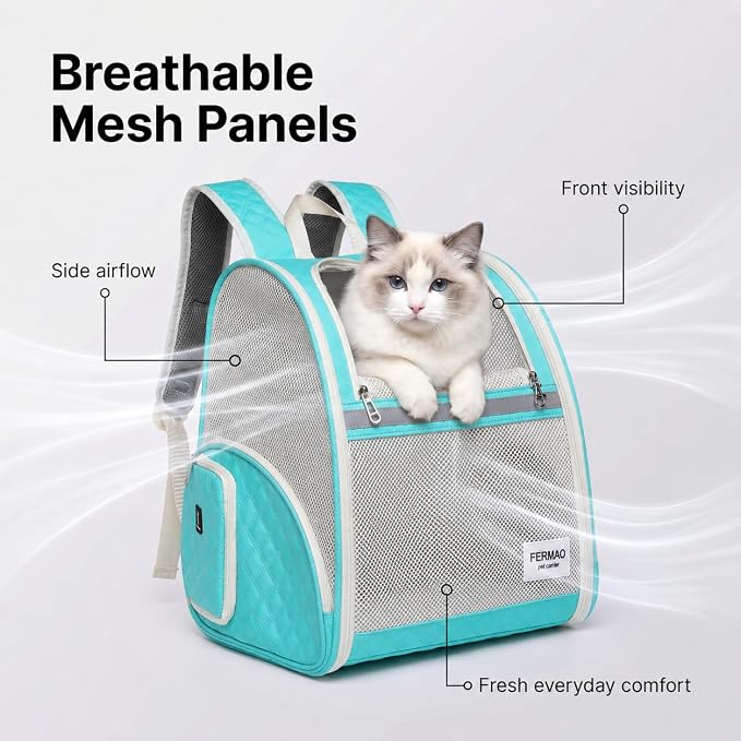 Cat Backpack Carrier for Small Dogs and Medium cat Puppy Kitten Bunny Pet Carrier Backpack Collapsible with Fully Ventilated Mesh with Safety Leash (LightGreen, 12.9" L x 10.62" W x 15.5" H - M)