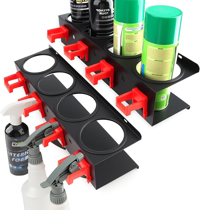 Spray Bottle Holder, 2 Pack Wall Mount Car Detailing Can Holder Spray Rack | Heavy-Duty Carbon Steel Auto Detail Spray Bottle Organizer, Spray Can Holder with Hooks for Garage Workshop Van Shed Storage