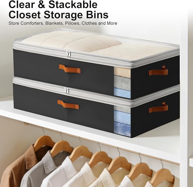 Under Bed Storage Bins - 98L Height-adjustable Under Bed Storage Containers, Compression Blanket Storage Comforter Storage Sweater Storage, Clothes Storage Bins With Clear Window, 2 Pack Black