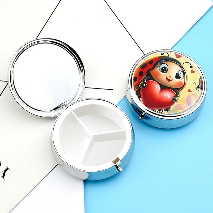 Ladybug Metal Round Pill Box, 3 Compartment Travel Organizer, Portable Pill Container with Secure Latch, 2 Inch Circular Vitamin Caddy for Pills and Vitamins, Gift for Him Her Elderly