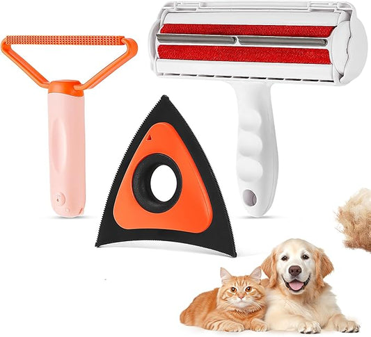 Pet Hair Removal Tool Kit,Cat and Dog Hair Remover for Couch Furniture Carpet Fur Lint with Reusable lint Roller Car Brush and Small Carpet Rake Scraper