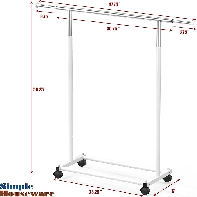 Simple Houseware Standard Rod Garment Clothing Rack, White | Single Rail, Extendable Width from 30 to 47 Inches, Rolling Clothing Organizer for Bedroom, Laundry, Living Room
