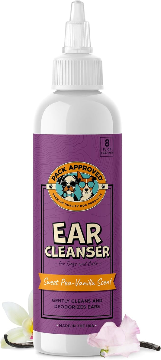 Pack Approved Cat & Dog Ear Cleaning Solution - Helps Remove Wax, Debris, and Dirt - Non-Stinging, Non-Burning Daily Use Formula - Cat & Dog Ear Wash for Itchy Ears - Sweet Pea & Vanilla Scent (8oz)