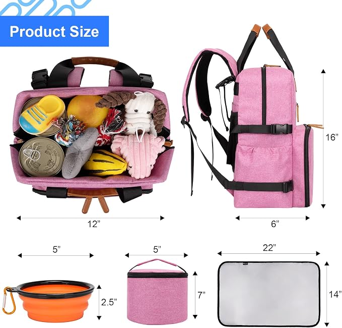 Modoker Dog Travel Backpack Set with 2 Food Bags, 2 Bowls and 1 Mat, Pink | Water-Resistant Oxford Fabric | Roomy Main Compartment | Multiple Functional Pockets | Stroller Strap | Leak-Resistant Lining