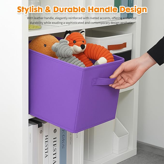 PowerKing Collapsible Storage Cubes, Farbic Storage Bins, Violet, 6 Pack | Sturdy, Lightweight, Easy Pull Handle, Closet & Shelf Organizer, Clothes and Toys Storage, 10.5'' x 11'' x 10.5''