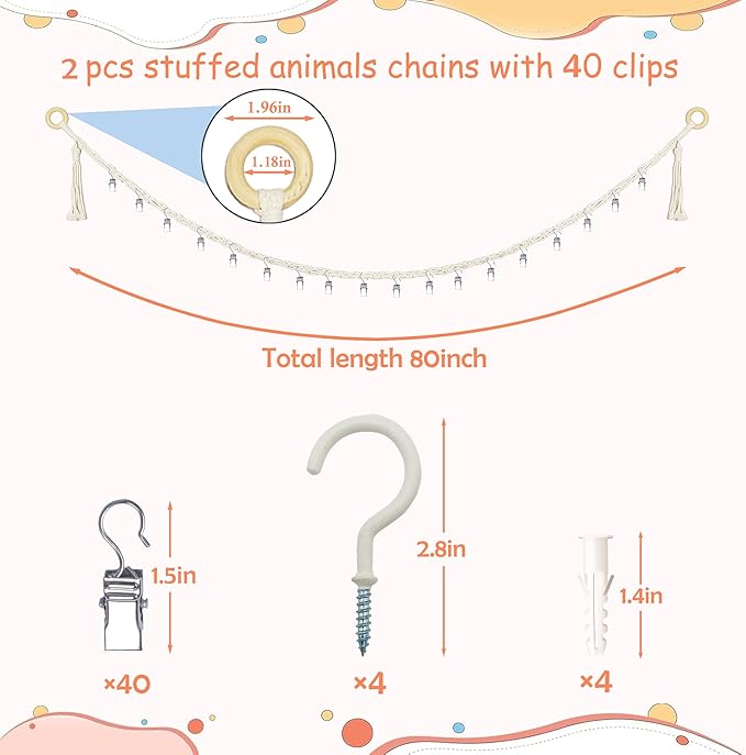80" 2 Pack Cotton Hanging Storage Chain for Stuffed Animals Storage with 40 Metal Clips Stuffed Animal Organizer Chain for Wall Corner Nursery Play Room