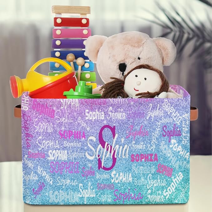 Custom Rectangular Baby Storage Basket, Kids Toys Bin, Books Shelf Basket, Clothes Towel Storage Bin for Nursery, Gift Basket, Pet Basket, Dreamy Pink Blue Glitters Effect Print