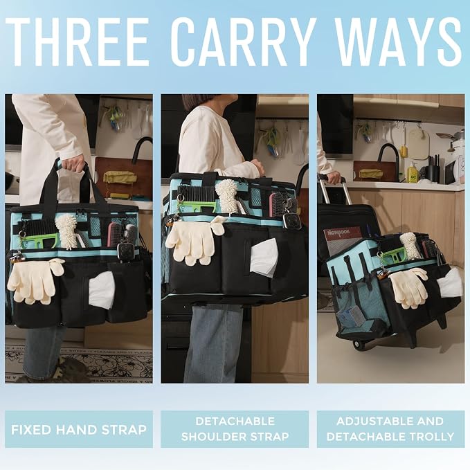 SCAVATA Rolling Cleaning Caddy Bag with Detachable Trolley, Large Cleaning Supplies Organizer with Wheels, Multi Pocket Cleaning Cart with Adjustable Shoulder Strap for Housekeepers & Home, SkyBlue