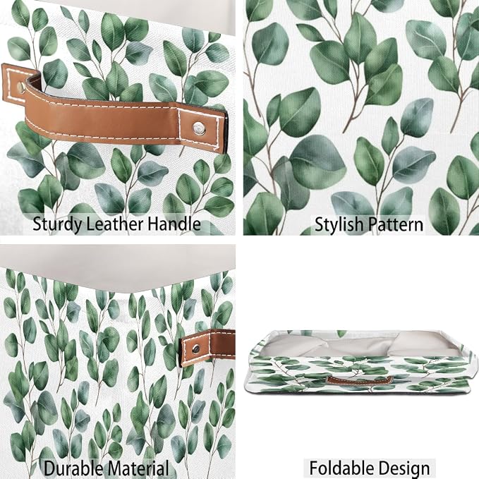 Eucalyptus Cube Storage Bin, 13 Inch Collapsible Fabric Storage Cubes Bin, Eucalyptus Leaves Foldable Cube Baskets for Shelf, Closet, Organizer