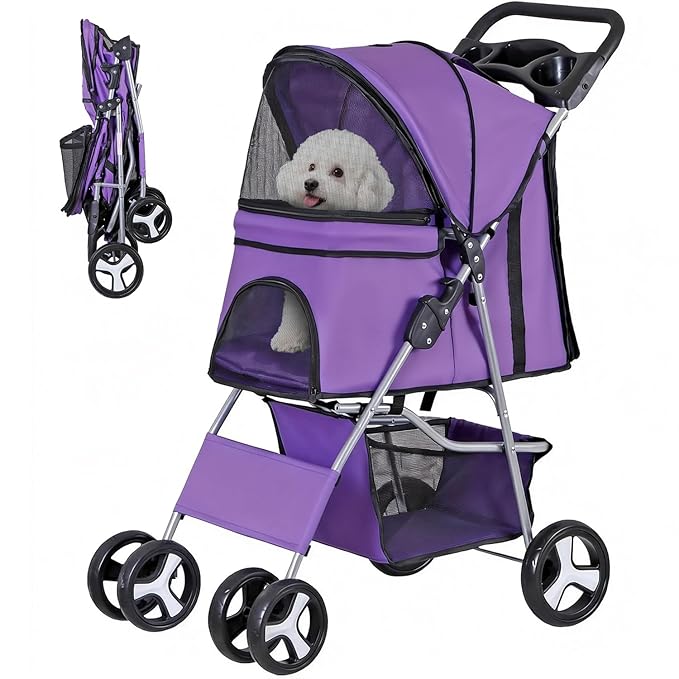 ZENY Foldable Pet Stroller, Cat/Dog Stroller with 4 Wheels | Pet Travel Carrier Strolling Cart with Storage Basket, Cup Holder (Purple)