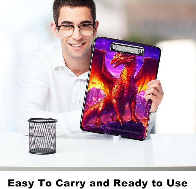 Heavy Duty Storage Clipboard, Slim Nursing Clipboard with Internal Pen Case, Portable File Organizer Case for A4 Letter Size Paper Office Medical Professionals, Purple Red Dragon