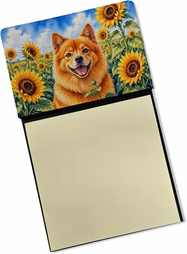 Caroline's Treasures Finnish Spitz in Sunflowers Watercolor Sticky Note Holder Refillable Dispenser Desk Accessory 3x3 Pad Gift