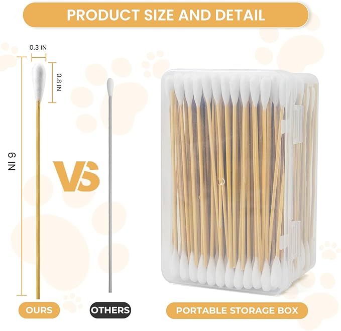 200pcs Large Cotton Swabs with Storage Case, 6 Inch Long Jumbo Size Dog Ear Swabs, Gentle & Lint-Free Pet Ear Cleaning Swabs with Bamboo Handle, Compatible with Dog Ear Cleaner Tool