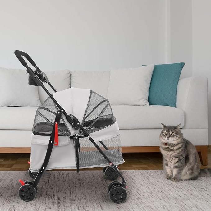 Foldable Pet Cart for Small Dogs and Cats, Lightweight Travel Pet Stroller with 360° Wheels, 40lbs Capacity Portable Dog Cat Carrier on Wheels, Foldable for Car Trunk, Light Gray