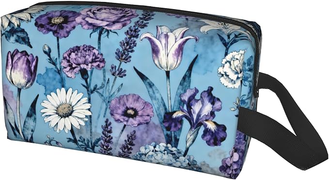 Blue and Purple Watercolor Floral Makeup Bag - Durable 600D Oxford Fabric Travel Cosmetic Bag, Shockproof Foam Padded Toiletry Organizer for Gym & Daily Use 10x6.2x4.9 Inch