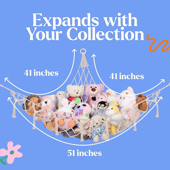 Lilly's Love Stuffed Animal Storage Macrame Hammock, Large - Boho Room Decor Toy Storage - Corner Hanging Plushie Stuffed Animal Net Organizer (White)