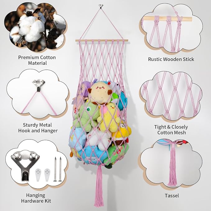 68 Inch Stuffed Animal Storage Hammock Corner Plushie Net,Pink | Boho Macrame Large Toy Hammock for Stuffed Animals Organizer,Wall Ceiling Over Door Stuffy Storage Holder,Nursery Room Decor