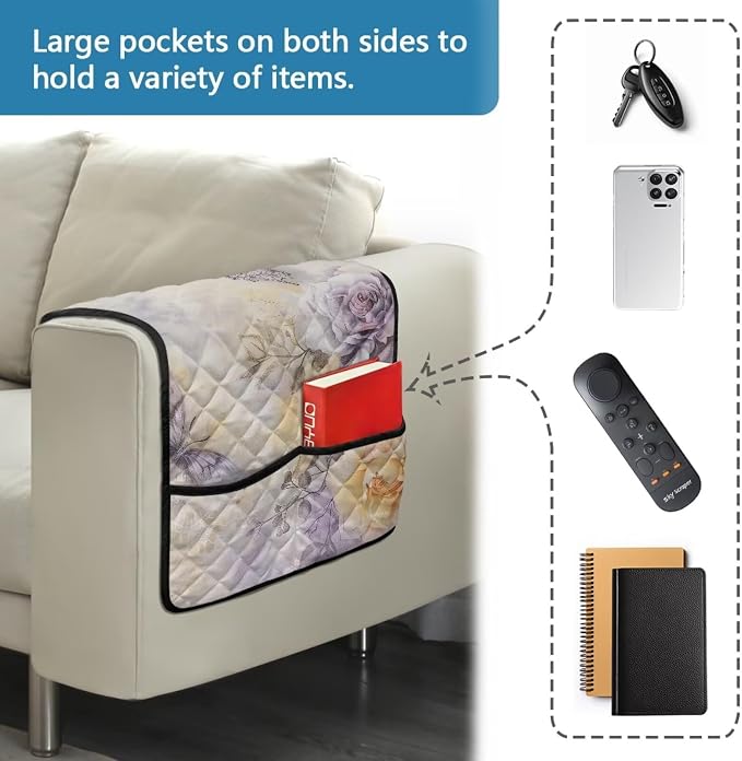 Butterfly Floral Stretch Couch Arm Covers with 2 Pockets Breathable Armrest Covers Chairs Arm Cover Easy to Clean, Scratch-Resistant Sofa Arm Protector Home Furniture Decor Cover