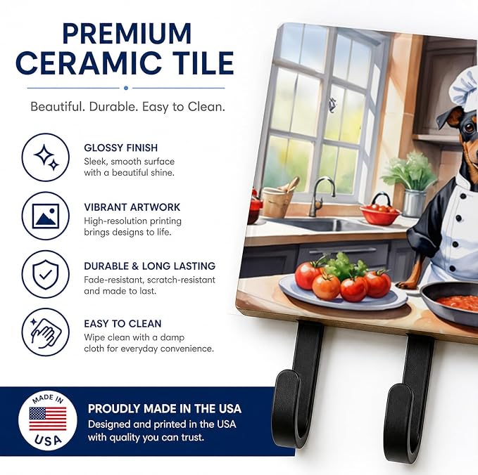 Caroline's Treasures Manchester Terrier The Chef Leash or Key Holder Wall Hooks, Key Hooks Holder, Coat Rack Wall Mount, Coat Hooks, Hooks for Hanging Keys, Towels, Aprons, Leashes | Manchester Terrier The Chef artwork on ceramic tile with three steel ...