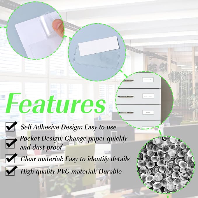 ASTER 30Pcs Self Adhesive Label Holders, Clear Shelf Tag Plastic Drawer Labels Index Card Pockets for Labels with Paper, Self Stick Shelf Label Holder for Supermarket, Bookshelf, Mailbox(3 x 1.3 Inch)