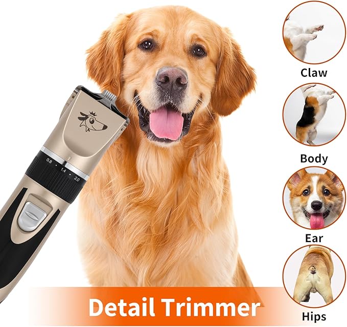 Aovdy Dog Clippers Grooming Kit, Low Noise with Rechargeable, Pet Shaver Cordless Electric Quiet Hair Thick Coats Clippers Trimmers Set for Dogs Cats Rabbit Pets (Gold A)