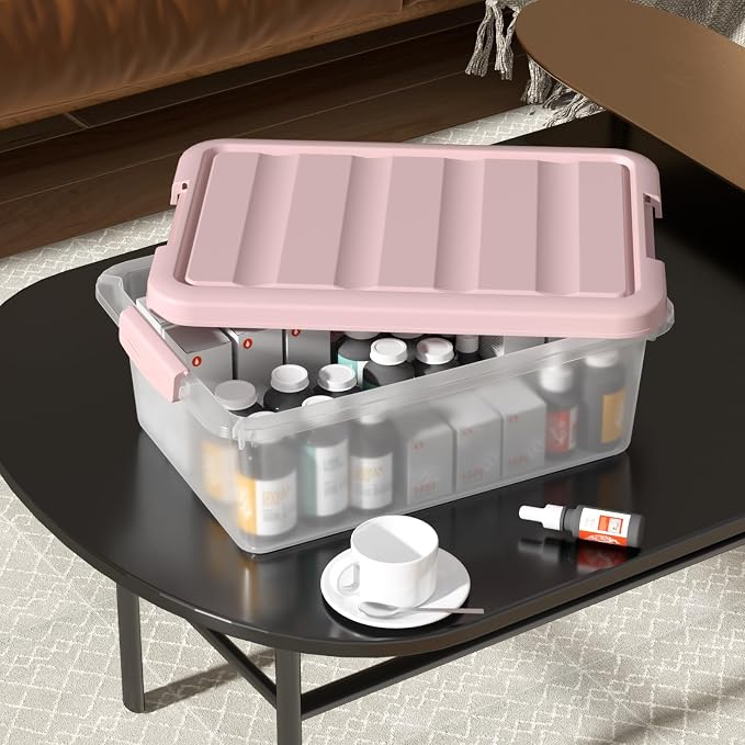 14 Quart Plastic Storage Latching Bin Box with Pink Lids, 2 Packs | Flat Under Bed Organization Latch Tote Containers with Lid