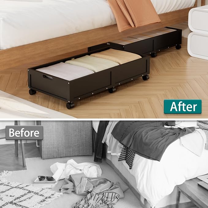 Wood Under Bed Storage Containers Underbed Organizer with Wheels with Large Capacity Dust Bag,Sturdy Wood Rolling Under Bed Shoe Storage Organizer 2 Packs (Walnut, Tall) (Black, Large)