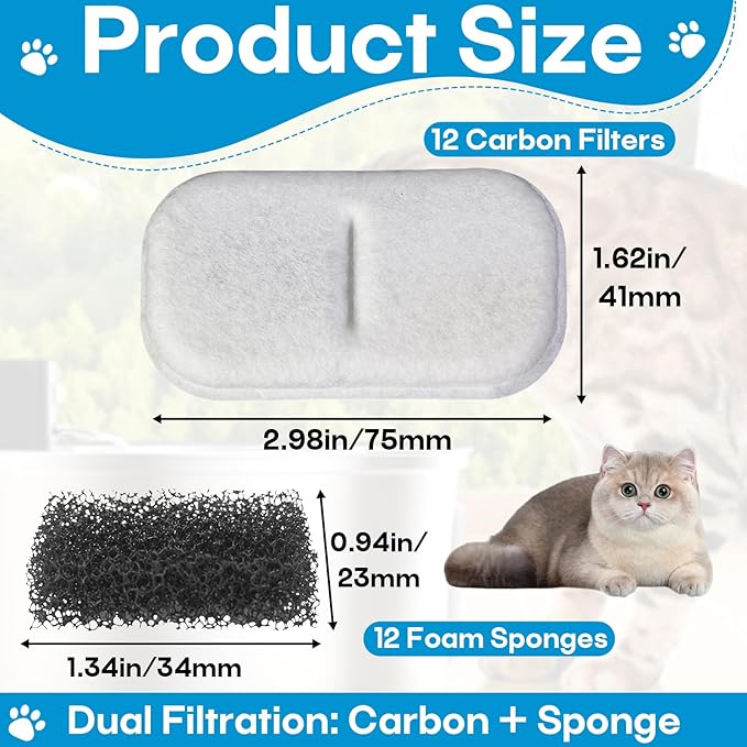 12 Pack Cat Water Filters Replacement for 108Oz/3.2L & 67Oz/2L Stainless Steel Pet Water Dispenser, Cat/Dog Indoor Water Dispenser Fountain for Most Pet Water Fountains 12 Filters & 12 Sponges
