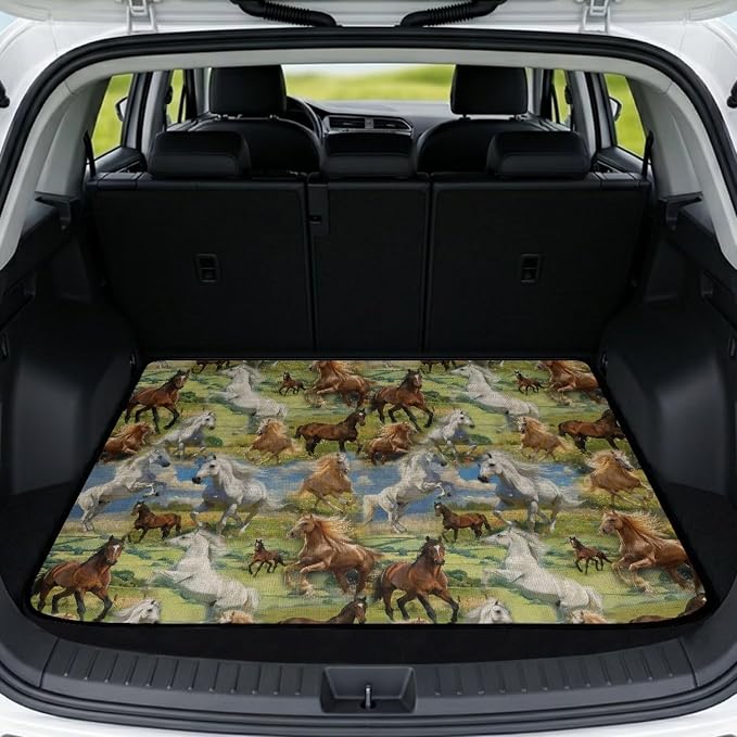 Southwestern Tribal Horse Car Trunk Mat All-Weather Polyester Material Cargo Mat Rear Trunk Liner 29" x 39", Non Slip, Dustproof, Easy Clean Install