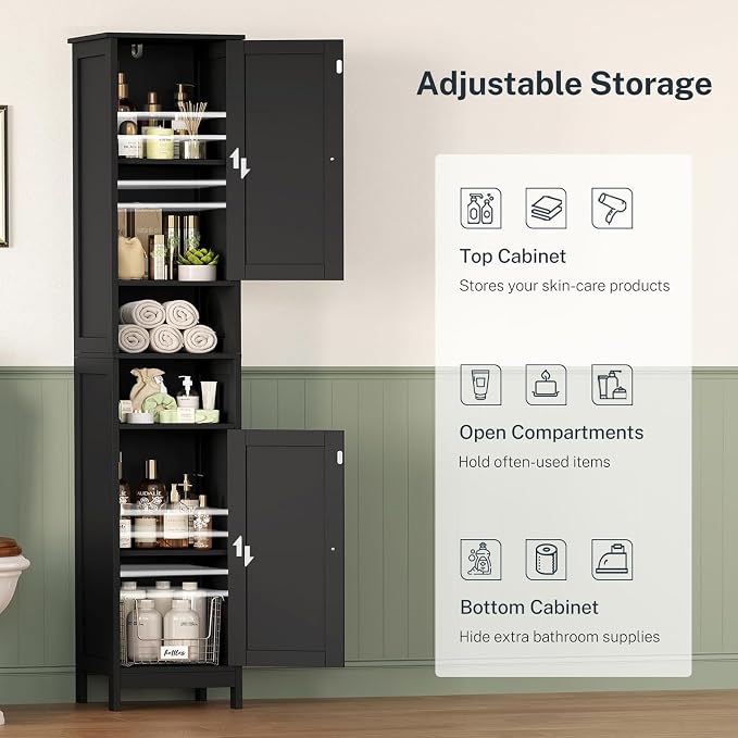 TEENFON 67" Tall Bathroom Cabinet with Adjustable Shelves and Doors | Narrow Bathroom Storage Cabinet for Small Space, Living Room, Entryway, Kitchen, Black