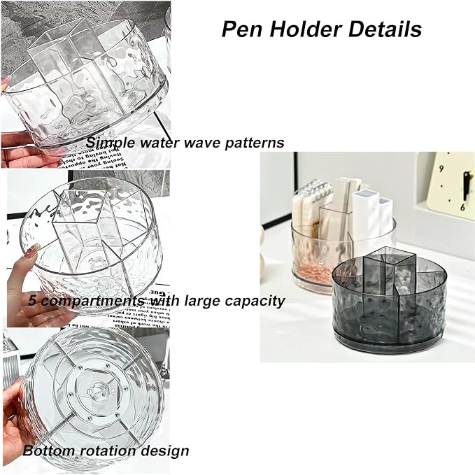 Heavy Duty Rotating Pencil Holder, Desk Organizer with Multi-Compartment Design-Stylish, Functional Storage Solution for Home Offices, Classroom, Art Supplies Storage (Transparent ripple)