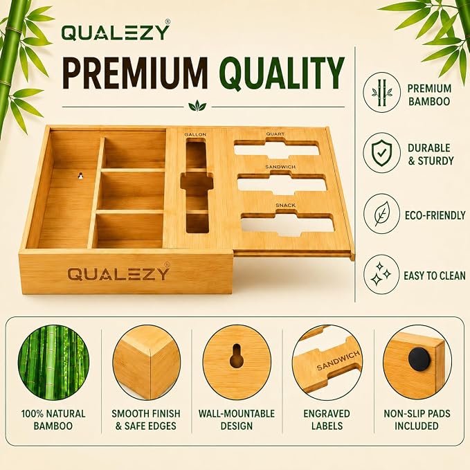 Bamboo Storage Bag Organizer for Drawer | 4-in-1 Baggie Organizer, Kitchen Drawer, Wall Mount & Countertop, Gallon, Quart, Sandwich & Snack, Engraved Labels