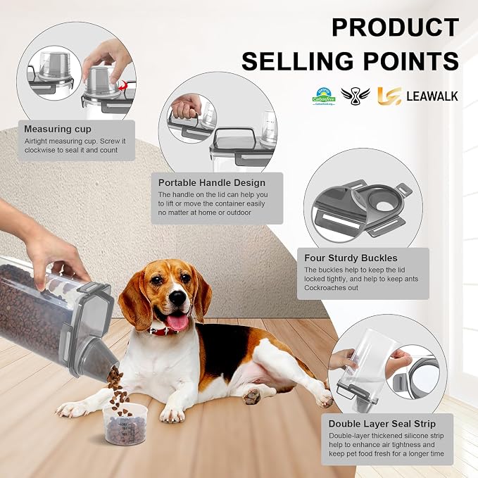 LEAWALK 3-5Lbs Airtight Small Cat Dog Pet Food Storage Containers BPA Free, with Large Pour Spout/1 Measuring Cup/ 4 Safety Locks and Double-layer Silicone Strip (Clear Black 2Pack)