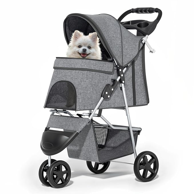 MoNiBloom Pet Stroller for Small/Medium Dogs and Cats up to 33 lbs, Gray | Foldable Dog Stroller 3 Wheels Pet Strolling Cart w/ Storage Basket Cup Holder, Breathable and Visible Mesh for All-Season