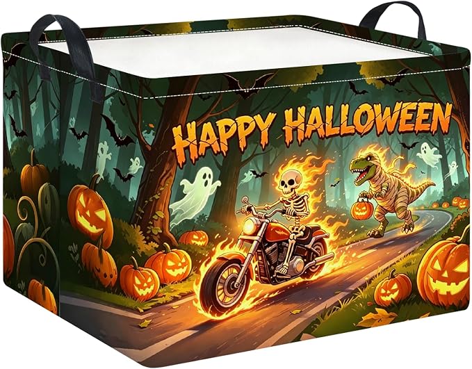 Rectangle Storage Basket with Handles,Collapsible Storage Bin,Gift Basket(Fire Halloween)
