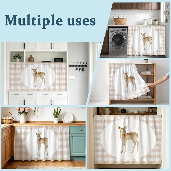 Resting Fawn Sink Skirt for Bathroom, Self-Adhesive Under Sink Curtain, Natural Animals Farmhouse Modern Plaid Hide Pipes & Storage Fabric Cabinet Skirt Cover for Kitchen Laundry 32"x55"