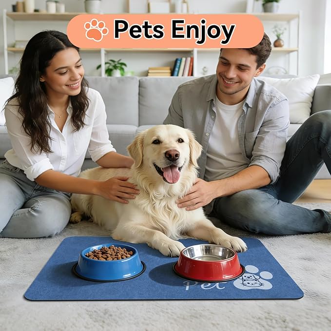 Dog Cat Feeding Mat-Absorbent Pet Bowl Mat for Food and Water, Quick Dry Water Dispenser Mat for Floors with Waterproof Rubber Backing, Puppy Cat Placemat Mats for Messy Drinkers,12"x20",Blue