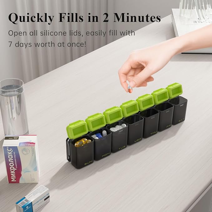 KOVIUU Weekly Pill Organizer, Magnetic Medicine Vitamin Case 1 Time a Day | Week Once Daily Supplement Box, Removable Medication Container Holder for Fridge, 7 Day Large Travel Pill Dispenser, Green