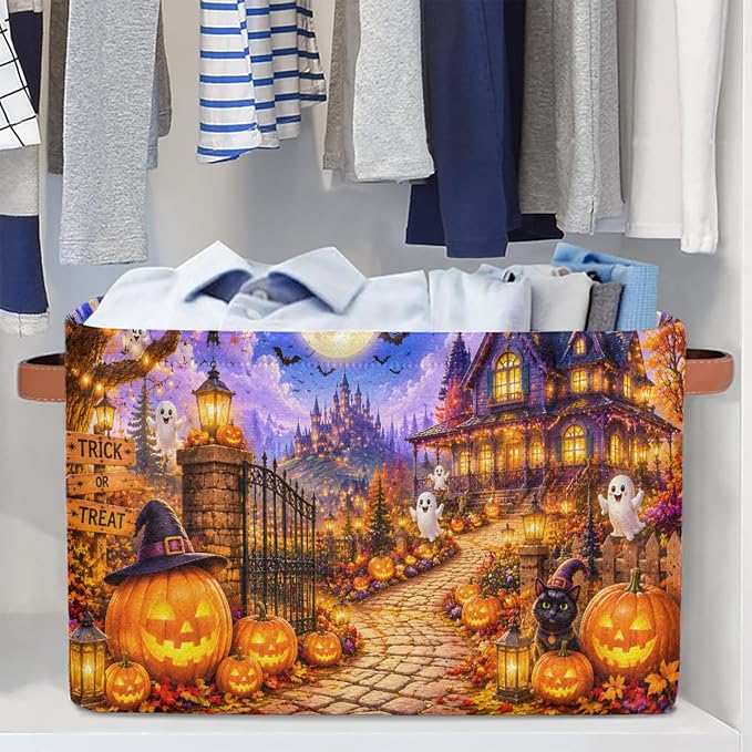 Halloween Basket Storage Bins Rectangle Canvas Basket Cube Storage Box | Nursery Foldable Basket with Handle for Kids Girls Boys Toys Living Room Closet Organizer Shelf Gifts Spooky Night Pumpkin