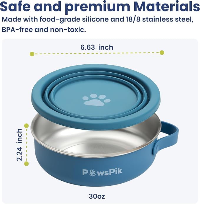 PawsPik 2-in-1 Travel Dog & Cat Bowl – Collapsible BPA-Free Silicone | 18/8 Stainless Steel, Portable & Non-Slip with Handle, Easy to Clean, Food & Water Bowl for On-the-Go Pets