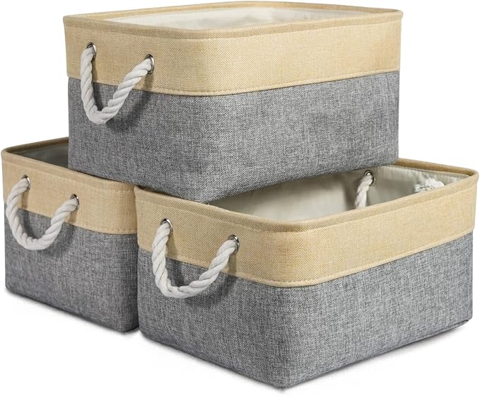 Storage Bins for Organizing,Sturdy Storage Basket, Decorative Foldable Storage Baskets for Shelves Closet Toy (Gold&Grey Medium - 3 Pack 13.8L×9.8W×6.7H inch)