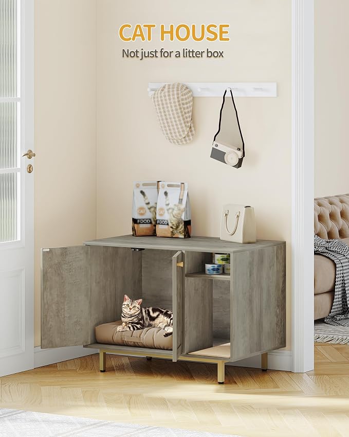 Hzuaneri Cat Litter Box Enclosure, Hidden Litter Box Furniture with Storage | Large Wooden Cabinet with Sisal Mat, Modern Cat Washroom for Living Room, Bedroom, Entryway, Greige and Gold CB01505G