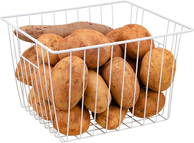 Freezer Organizer Bin, Kitchen Metal Wire Storage Basket, Pantry Cupboard Household Container Divider with Handles, Rustproof - White