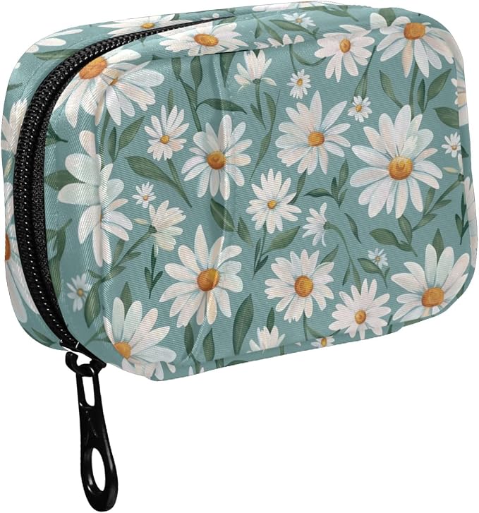 Fustylead Beautiful Daisy Flowers and Leaves Pill Organizer for Purse, Weekly Portable Pill Box with Zipper to Storage Vitamins Fish Oils Medications Supplements