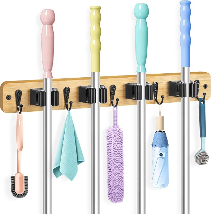 IMILLET Broom Holder Wall Mount, Rustic Broom Hanger for Laundry Room | Broom and Mop Organization and Storage, Mop Holder for Home Decor,Garden,Garage,Closet,4 Racks and 5 Hooks