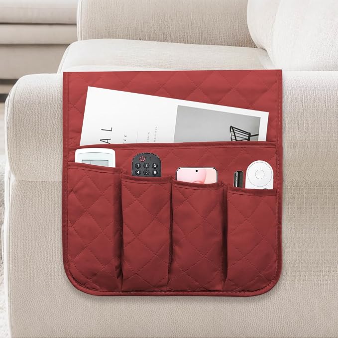 Armchair Caddy for Recliner, Non Slip Sofa Arm Organizer, Red | 5-Pocket Recliner Armrest Organizer, Couch Side Storage Holder for Remotes, Cell Phone, Magazines & Tablets, Machine Washable