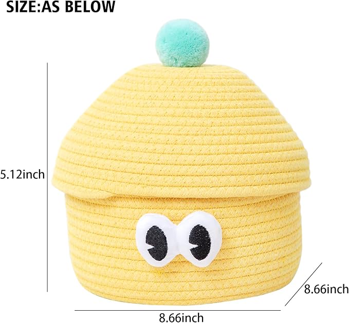 Cartoon Big Eye Cotton Rope Storage Basket with Lid, for Kids Room, Living Room, Bedroom, (Yellow)