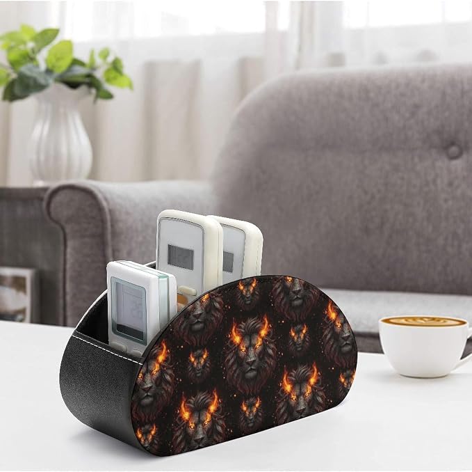 TV Remote Controllers Holder Fire Cool Lion Black Bedside Table Organizer | Desktop Storage Caddy Box, Fire Cool Lion Black, Pu Leather, 5 Compartments for Controller, Media Player