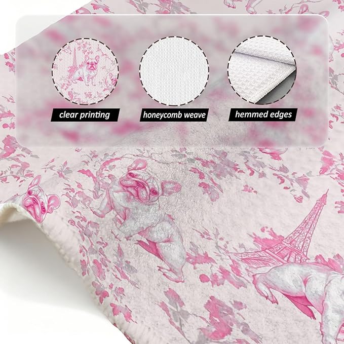 Pink French Bulldog Kitchen Dish Towels,Pink and White Floral Dog Towel Dish Tea Towels, Chinoiserie Decor for Kitchen Bathroom,French Bulldog Gifts for Dog Lover Mom Dad,16x24 Inch