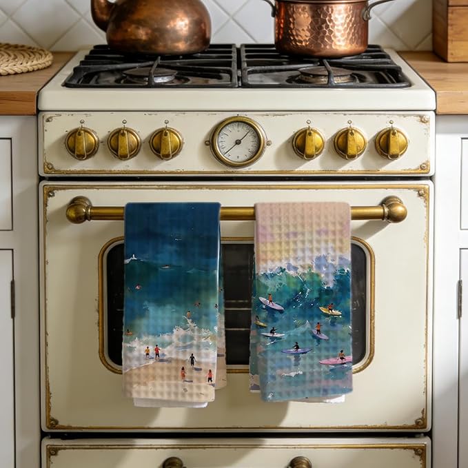 2PCS Coastal Surf Beach Summer Decor Dish Towels 16x24 Inch, Absorbent Microfiber Decorative Dish Cloth Tea Towel, Surf Ocean Beachy Bathroom Room Decor Aesthetic, Housewarming Gifts for Women Men